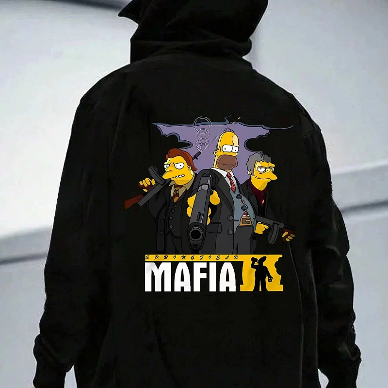 سترة بقلنسوة للرجال من The Simpsons مع نمط طباعة موضوع Simpsons MAFIA ونص "SPRINGFIELD MAFIA" في الخريف والشتاء #1