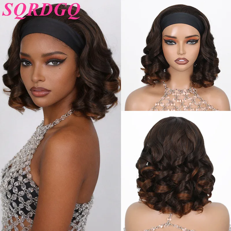SQRDGQ Synthetic Hair Woman Wigs Headband Wig Ombre Color Brown Black Wig With Headband High Quality Losse Wave Wigs for Woman