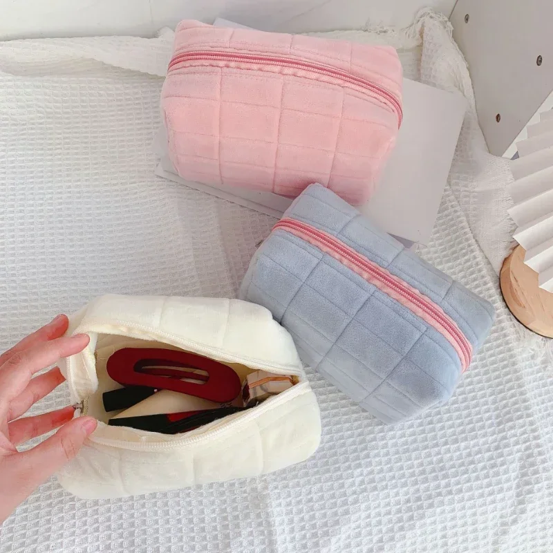 Cute Plush Makeup Bag for Women Large Solid Color Cosmetic Bag with Zipper