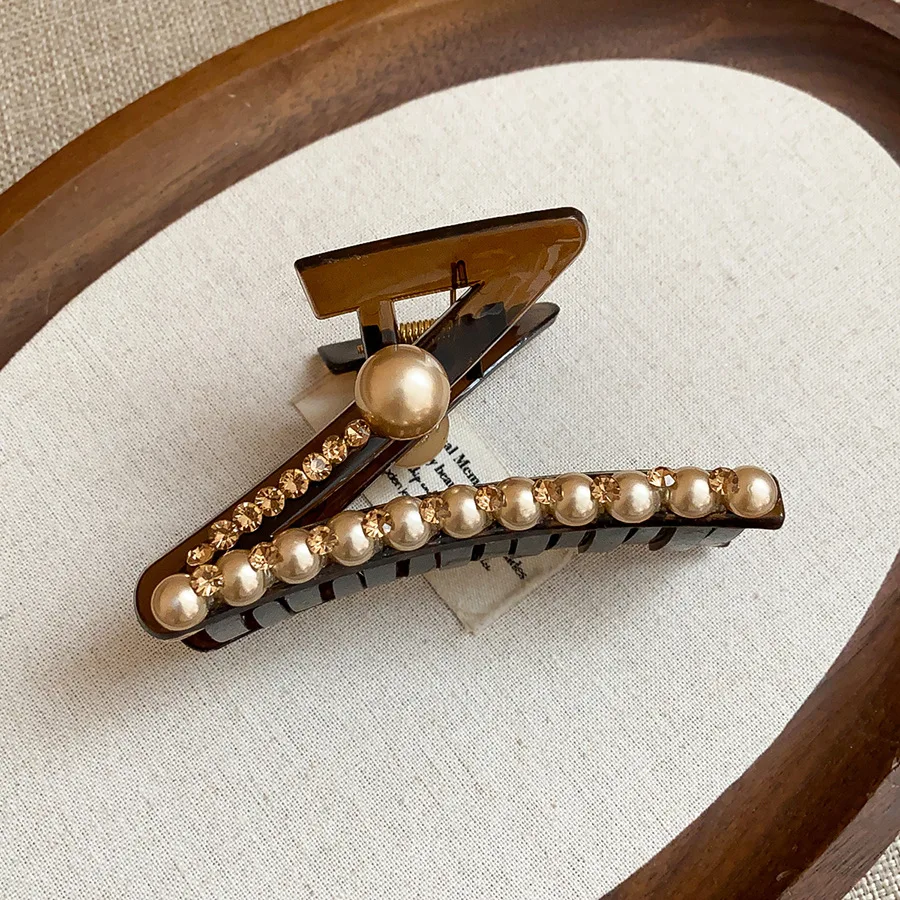 مشبك شعر أكريليك كبير الحجم على شكل حرف Z للنساء أنيق متعدد الاستخدامات لؤلؤ تقليد أحجار الراين مشبك سمك القرش إكسسوار جديد M