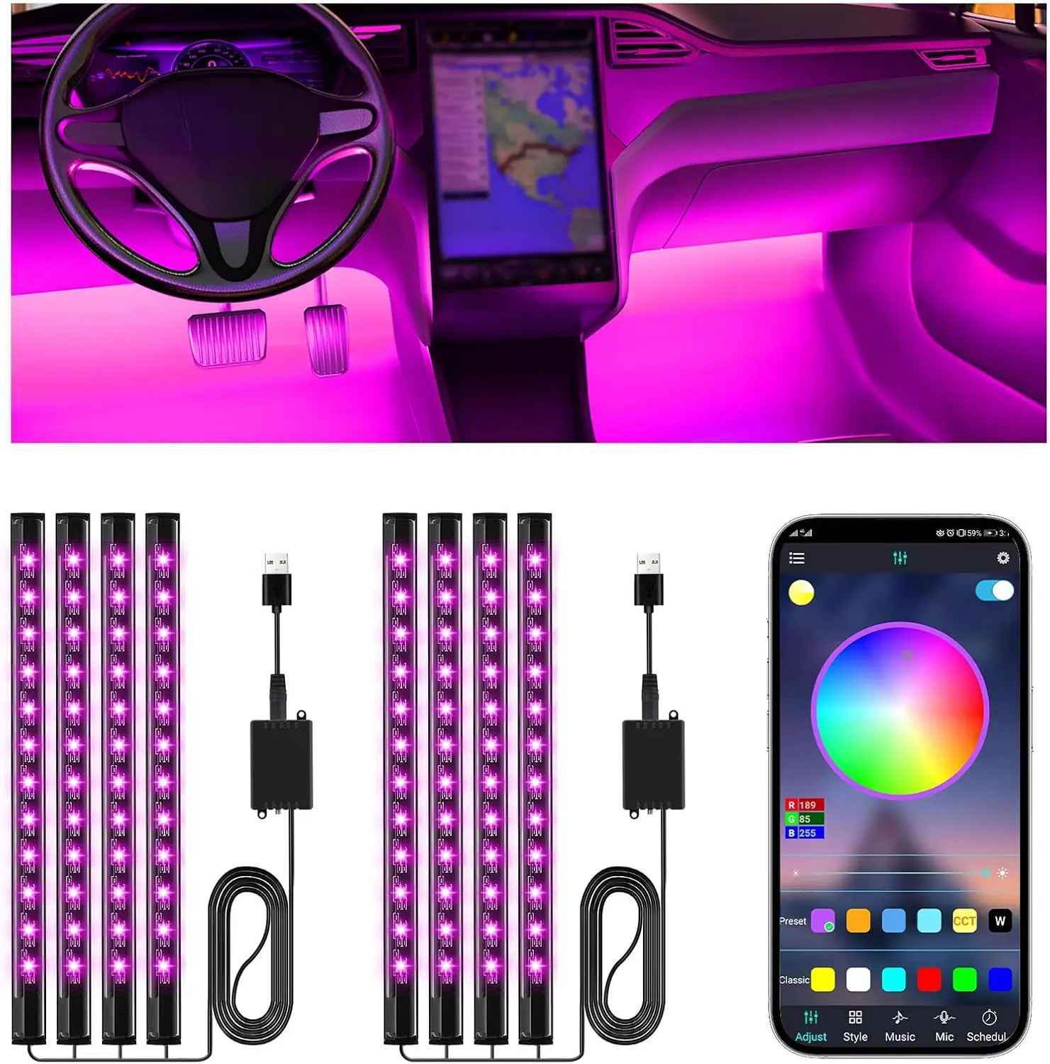 

USB App-Controlled Color-Changing LED Car Lights, 2-Pack for Truck Interior Decor and Gifts