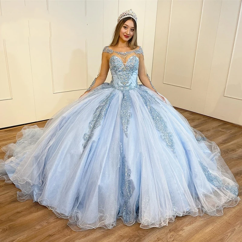 Gaun 2023 gaun bola lorensia biru muda quinceaurus gaun pesta manik-manik indah applique lengan panjang manis 16 Vestido De 15 Anos YQD161