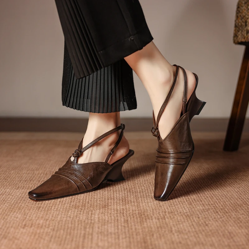 NEW Summer Women Sandals Genuine Leather for Shoes Women Pointed Toe Wedges Shoes Pointed Toe Slingback Shoes Pleated Sandals
