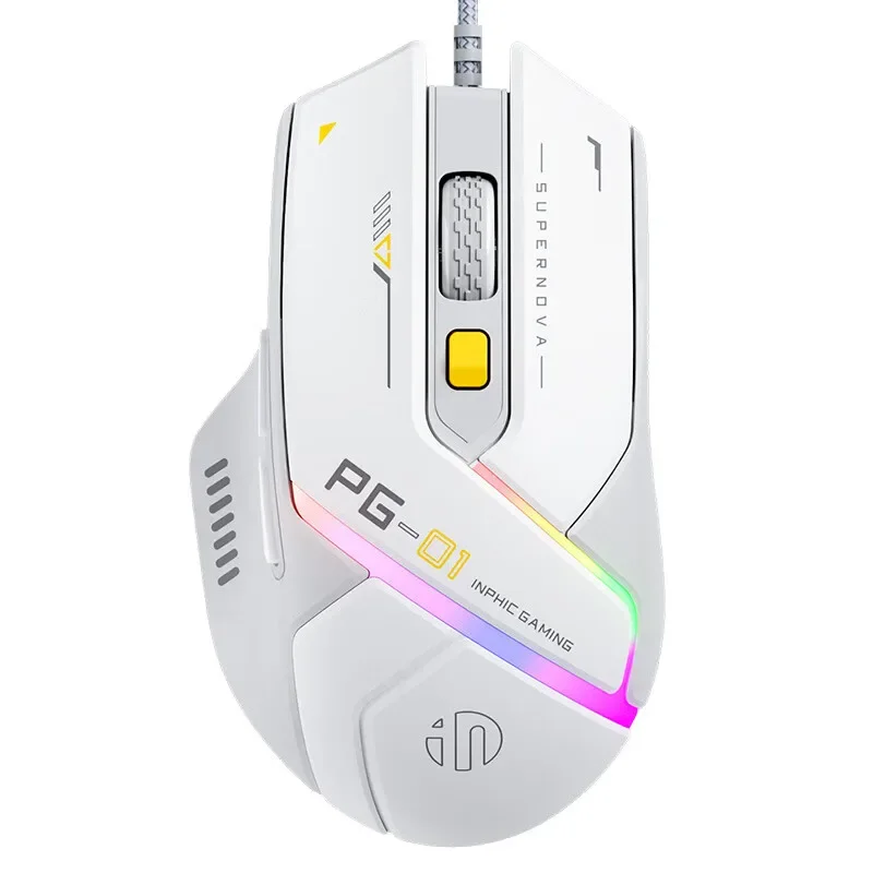 Mouse da gioco cablato Inphic Pg1 Mouse da gioco RGB che emette luce Programmazione macro 12800 DPI 6 tasti Mouse per computer Velocità di polling 1000 Hz