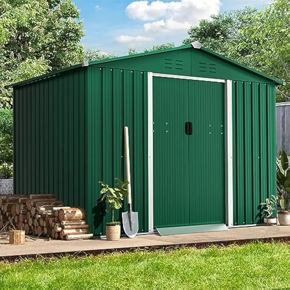 

6×8 FT Outdoor Storage Shed, Tool House Garden Lawn Steel Shed Walk in Green, Garden Sheds & Storage