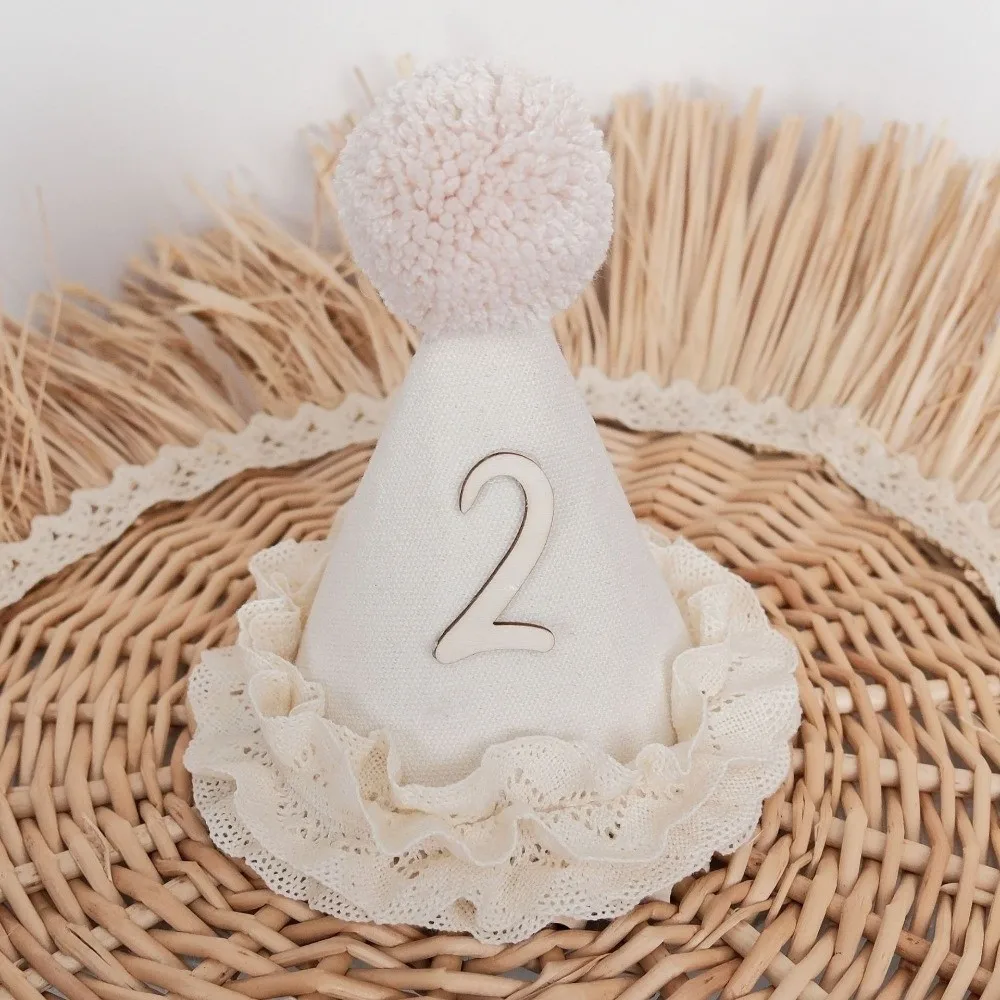 High Quality Sweet Birthday Hat Handcrafted Pom Pom Neutral Color Princess Birthday Hat Lace Ruffle Hat Children's Party