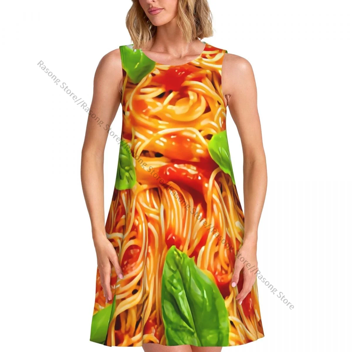 レディースドレスバタートマトとオニオンパスタサマーカジュアルTシャツビーチカバーアップタンクドレス