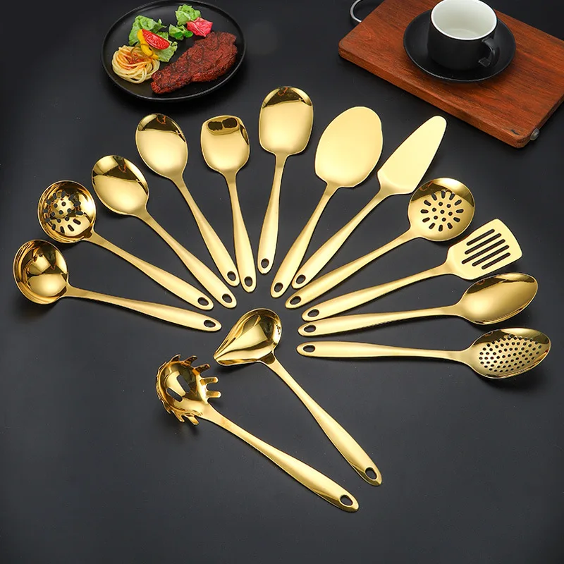 Golden 304 Stainless Steel Kitchen Public Spoon Colander Spatula Cake Shovel Long Rice Spoon Oil Filter Complete Cooking Tools