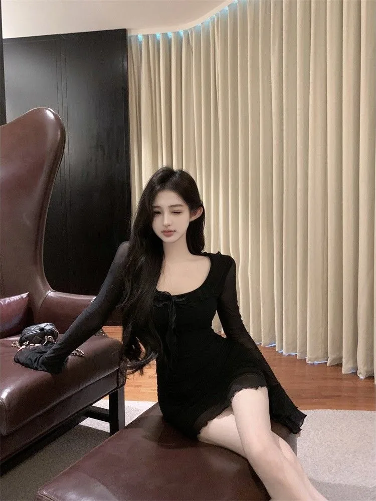 

Sexy Slim Fit Bodycon Dr Unique Beautiful Winter Faion Girls Sle Wrap around Skirt Long Sve round Ne A-Line Dr