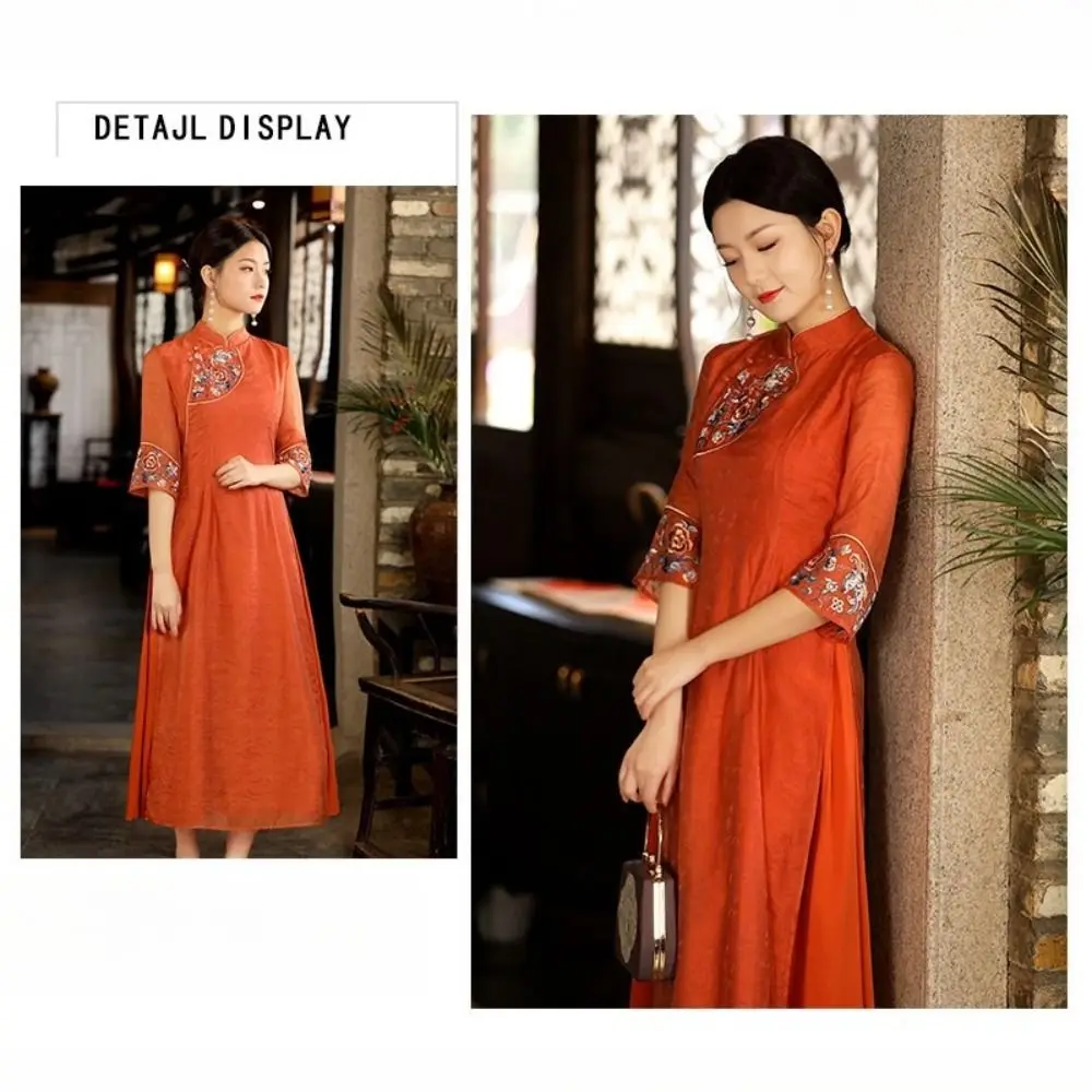 Embroidery New Chinese Cheongsam Flower Half Sleeve Ethnic Style Dress Loose Chinese-style Clothing Women Long Dress Summer