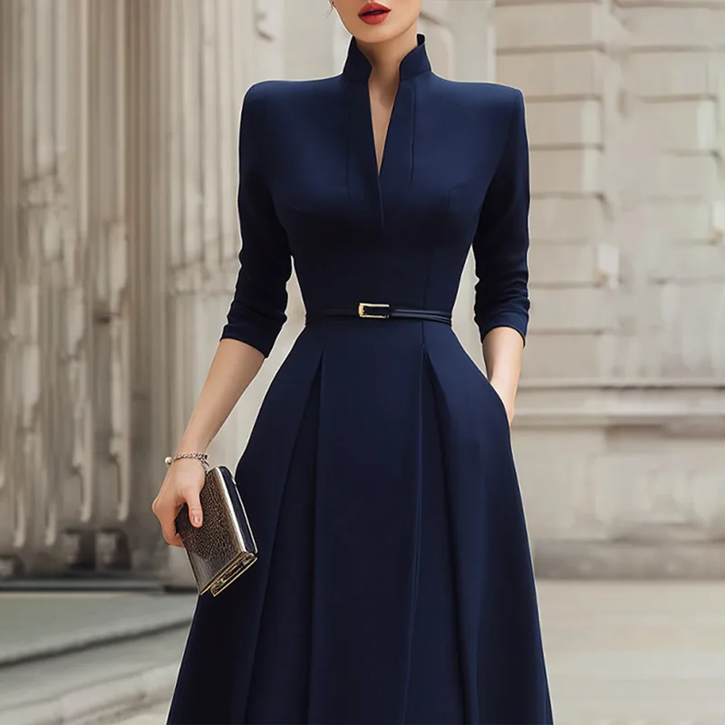 2026 Autumn. New Collection: Solid Color. Fixed Waist, V-neck Long-sleeved Flowy Maxi Clothes For Women. Dress Elegant Outfits