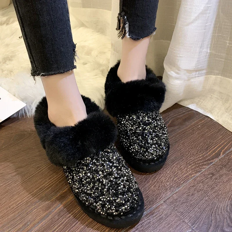 

Women Snow Boots Anti-slip Round Head Velvet Lining Light Winter Shoes Women Ankle Botas Thick Sole Rhinestones Sequins Shoes