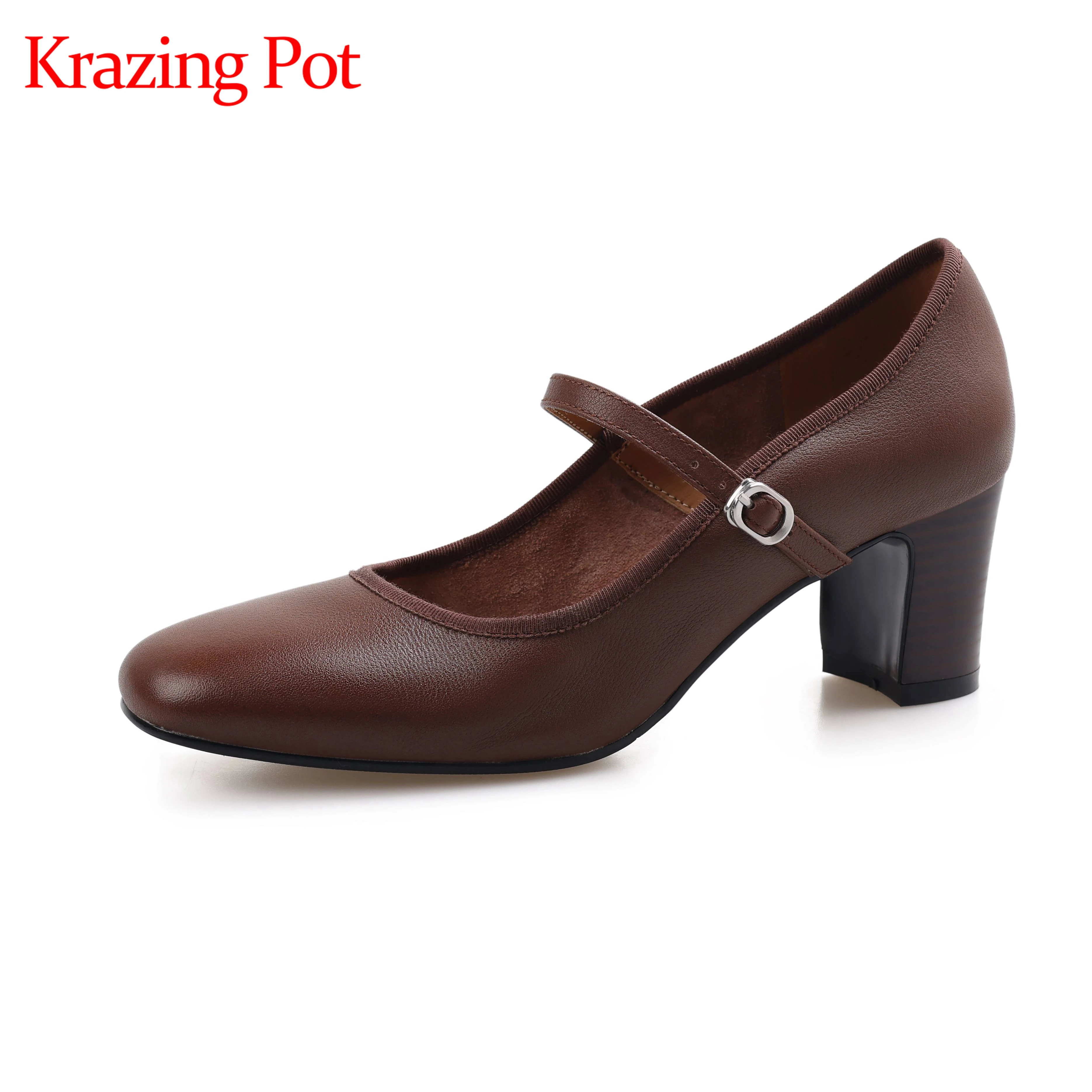 

Krazing Pot 2024 Full Grain Leather Metal Buckle Thick High Heels Spring Retro Fashion Summer Round Toe Mary Janes Women Pumps