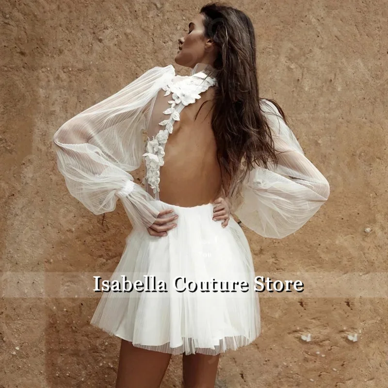 Modern Latest Short Illusion Wedding Dresses Long Sleeves Bridal Gowns High Neck Appliqued Bride  Mini Length Back Out
