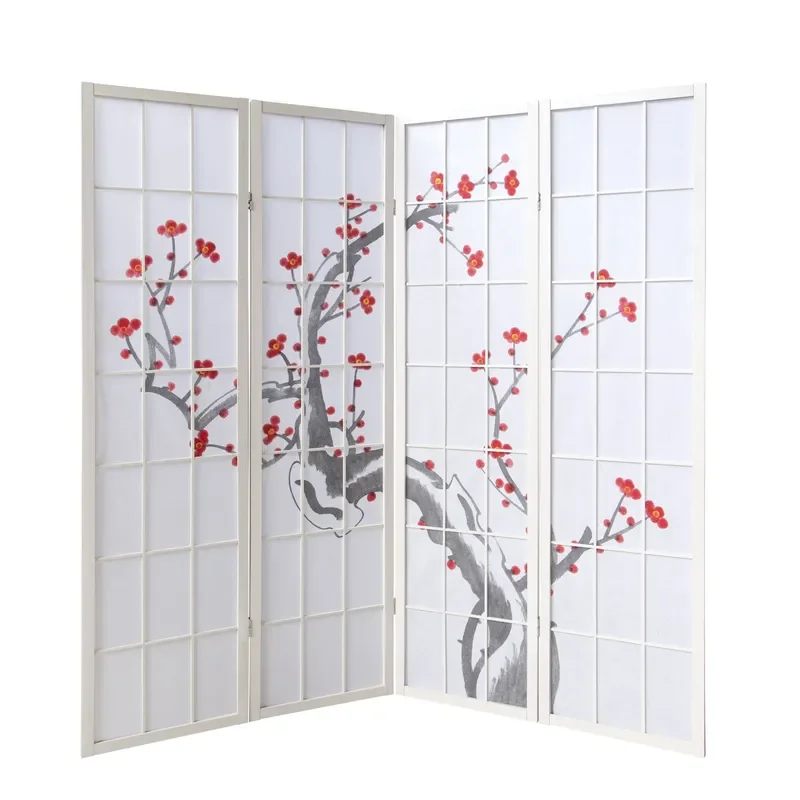 Hand Painted Solid Wood Folding Screen Room Divider Zen Style Mobile Partition for Living Room Entrance Home Decor