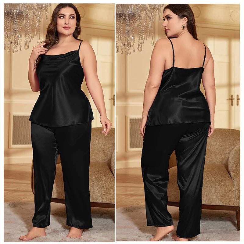 Oulylan Sexy Women Satin Nightwear Suit New Fashion Camisole Pants 2pcs Pyjamas Set Lady Summer Nightgown Large Size 4Xl 5Xl