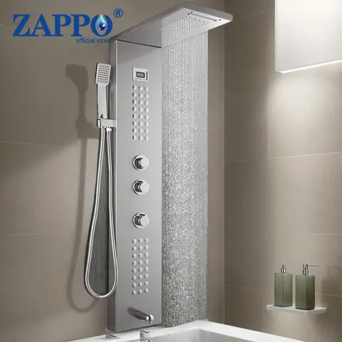 ZAPPO Shower Column With Massage Jets Bathroom Rainfall Shower Systerm Digital Display ScreenFaucet Shower Panel Bathtub Mixer