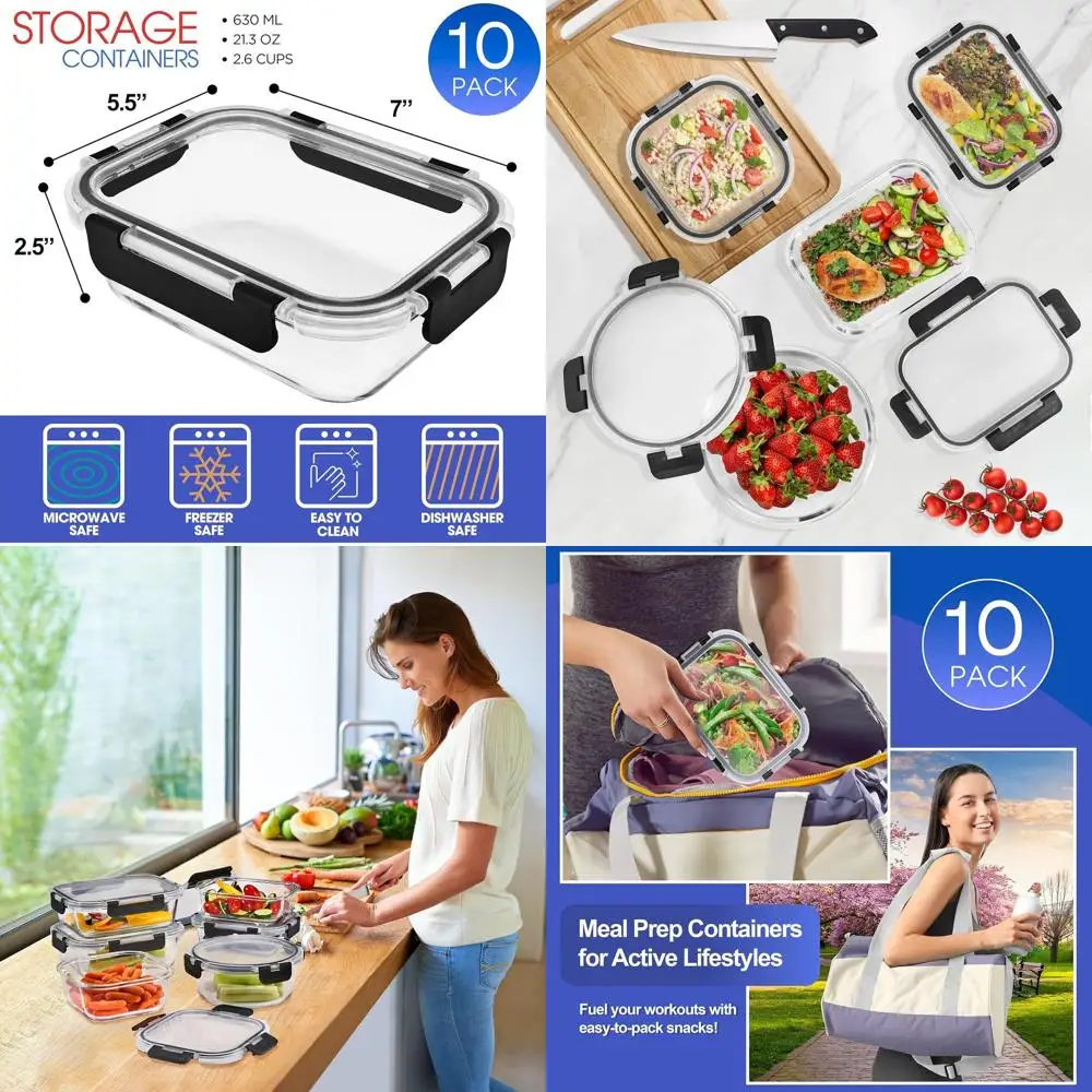 

Набор из 20 стеклянных контейнеров для приготовления еды — 10 контейнеров, 21,3 унции, герметичные крышки, морозильная камера, можно мыть в посудомоечной машине, в духовке.