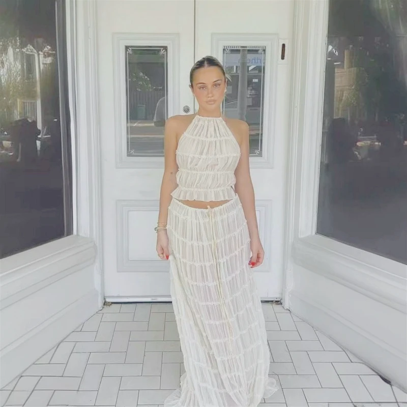 

2025 Summer New European and American Cross-border Sexy Backless Neck Pleated Lace Vest Long Dress Set Gay Latex Bodysuit