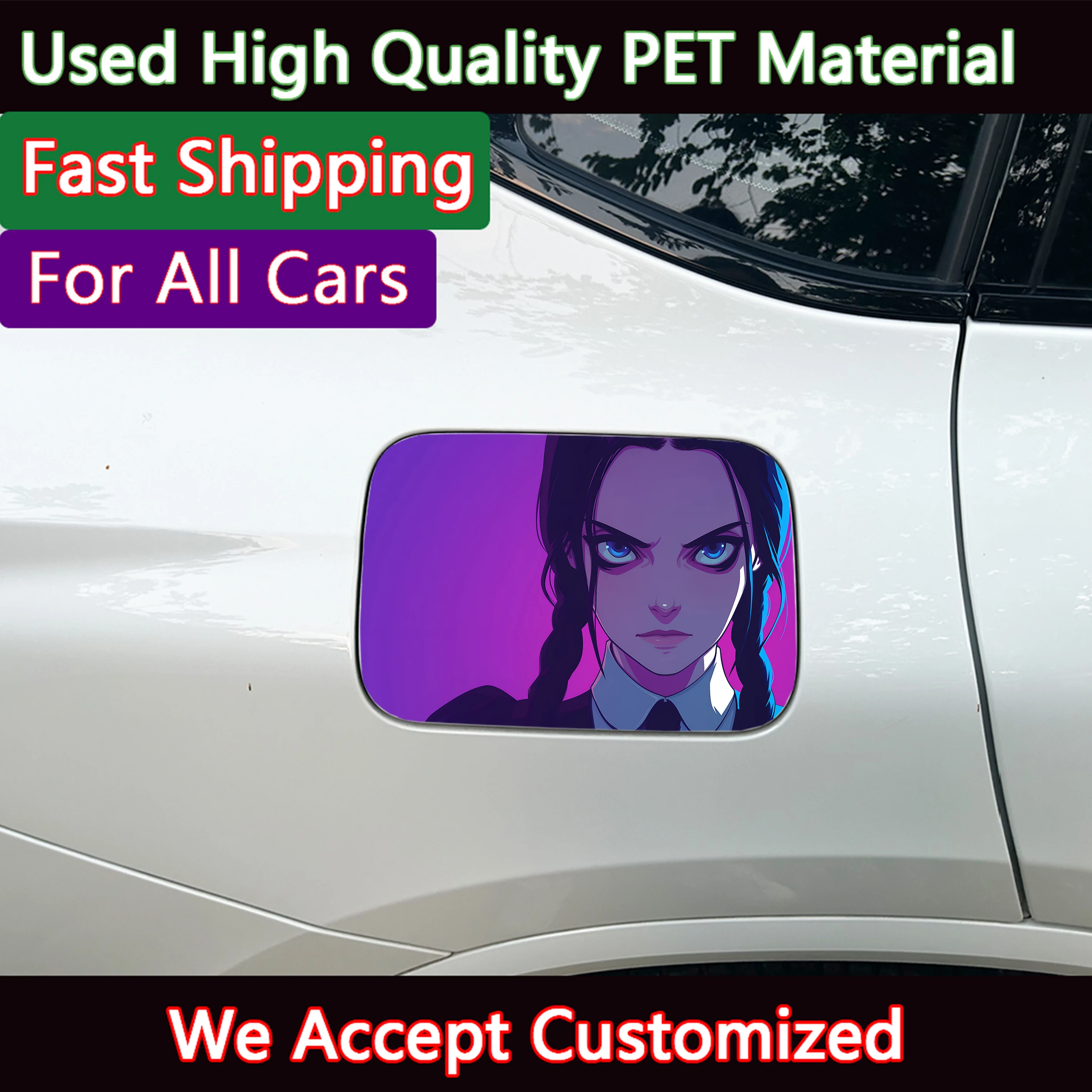 

2PCS Purple Background Gothic Anime Girl Car Sticker Waterproof PET Vinyl Decal, Customizable Auto Fuel Tank Sticker