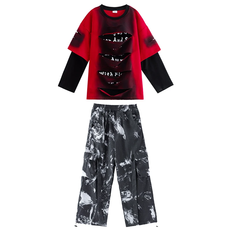 أزياء مسرح رقص الجاز الحديثة للأطفال لعام 2025 للفتيات قمصان حمراء وسراويل فضفاضة تناسب الأولاد ملابس الهيب هوب DQS21493 #6