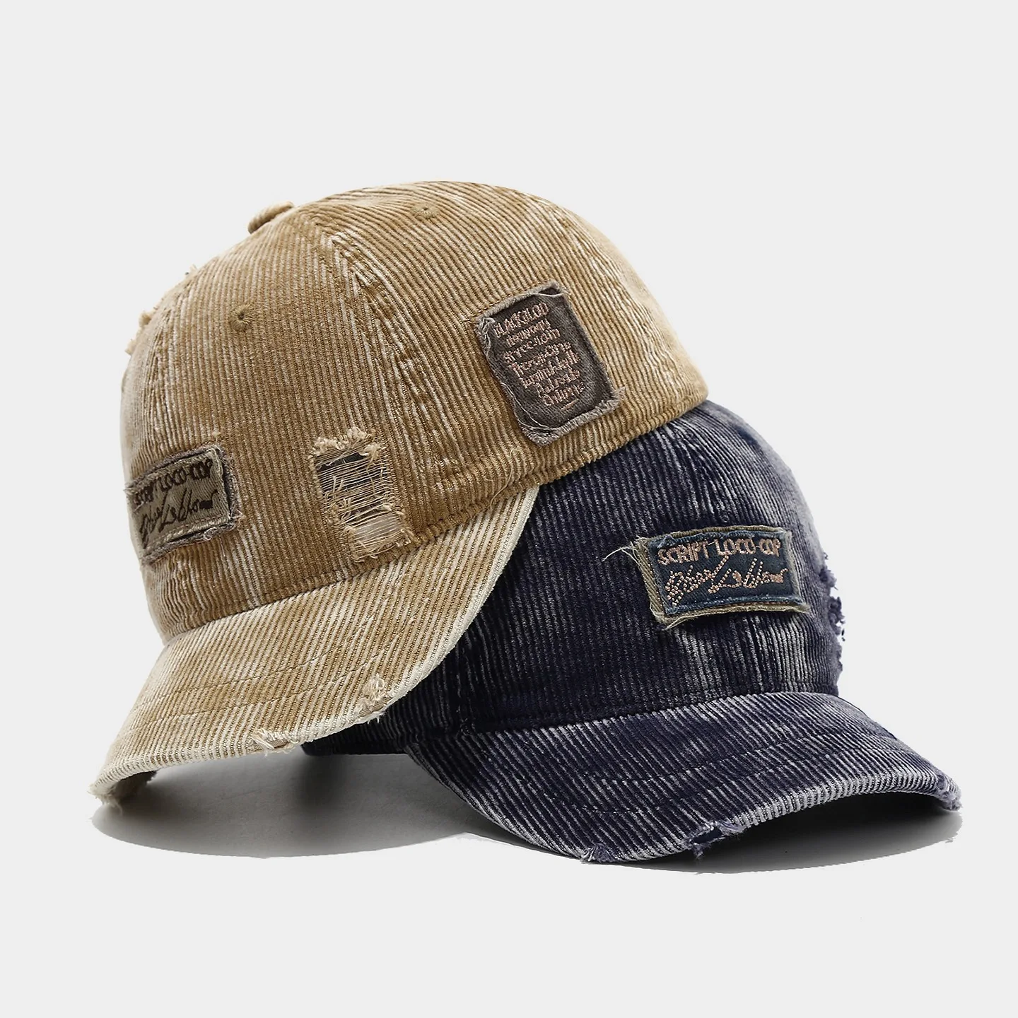 Corduroy Baseball Cap with Distressed Edge and Patch Label for Men Women Streetwear Short Brim Duckbill Hat Sun Shade