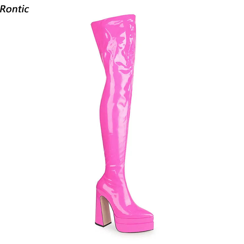 

Rontic Women Winter Thigh Boots Patent Leather Back Zipper Chunky Heels Pointed Toe Fuchsia Red Night Club Shoes US Size 5-13