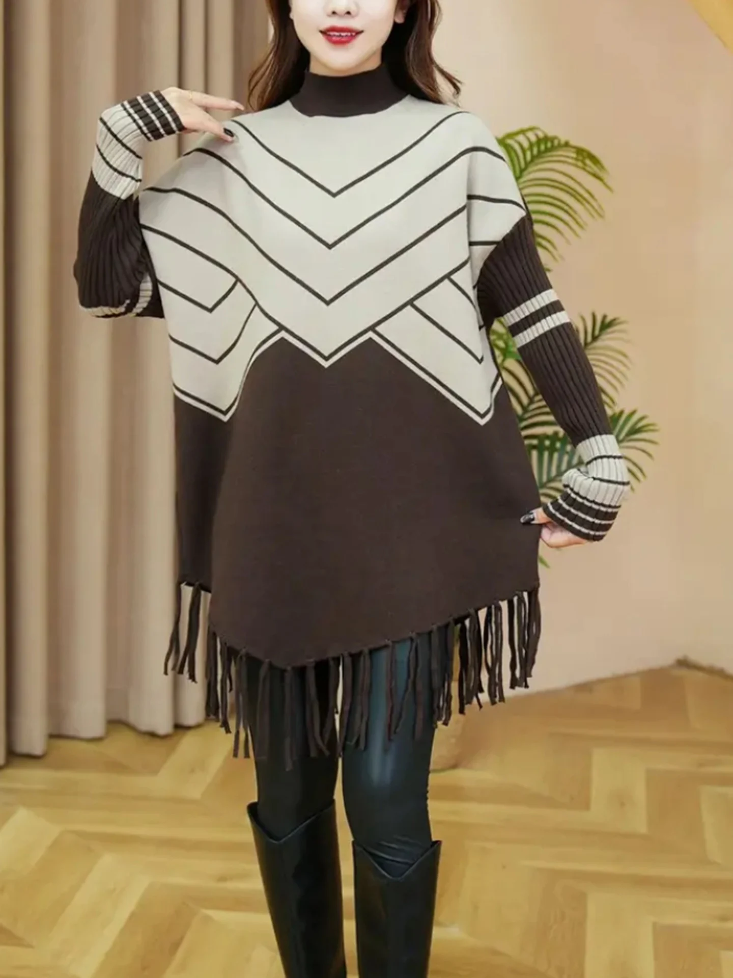 

Свободный вязаный топ с бахромой для женщин, драпированный, мягкий, с геометрическим узором, осенне-зимняя новинка
