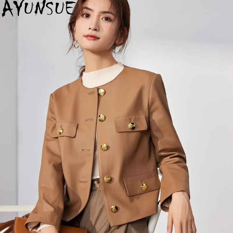 

100% AYUNSUE Genuine Sheepskin Leather Jacket Women Single-breasted Jackets O-neck Real Coat Roupas Femininas