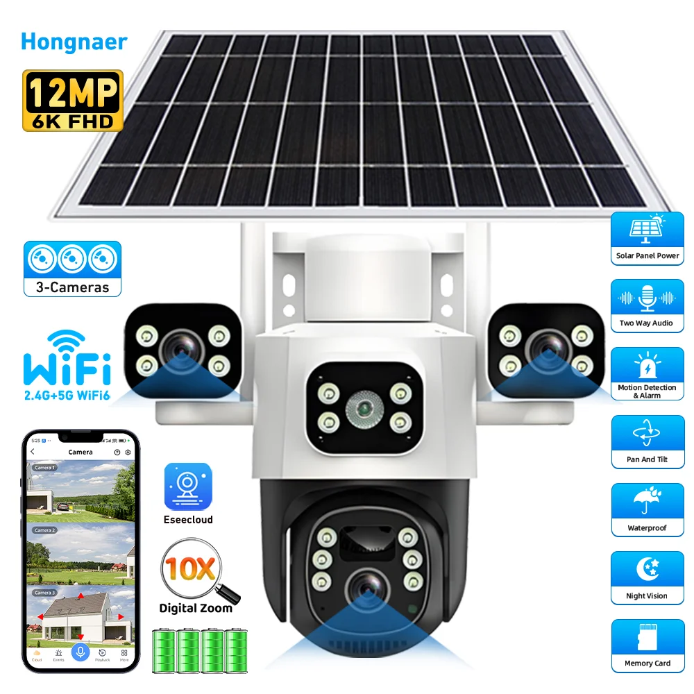 【セール中】ホンナアー 12MP Eseecloud 2.4G/5G デュアルバンド WiFi6 ワイヤレスソーラー式セキュリティWiFi CCTVカメラ 屋外