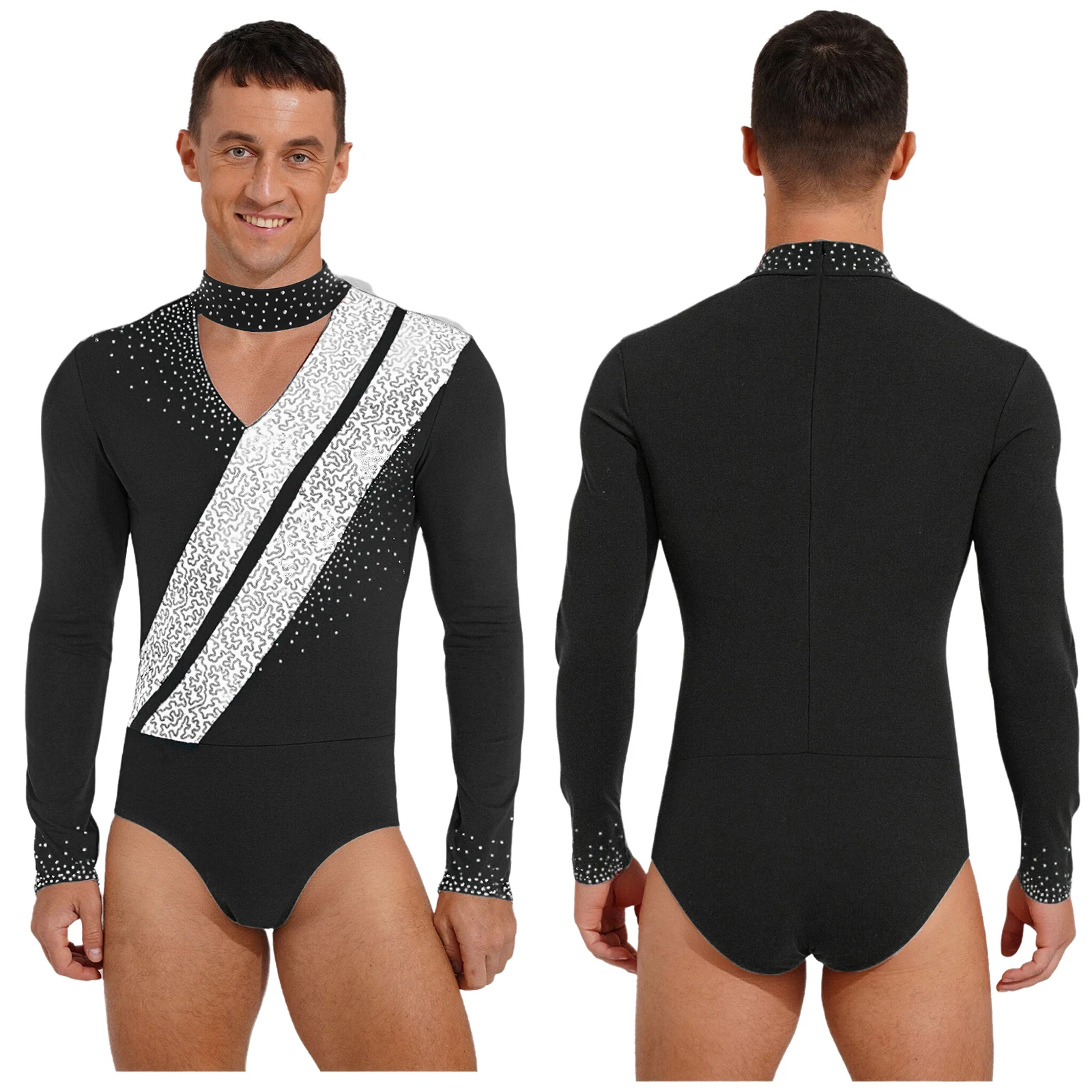Elegante Ballett-Übungskleidung für Herren, glitzernder Pailletten-Body, Ballett, lateinamerikanischer Tanz, Wettbewerb, Performance-Kostüm, lateinamerikanisches Trikot