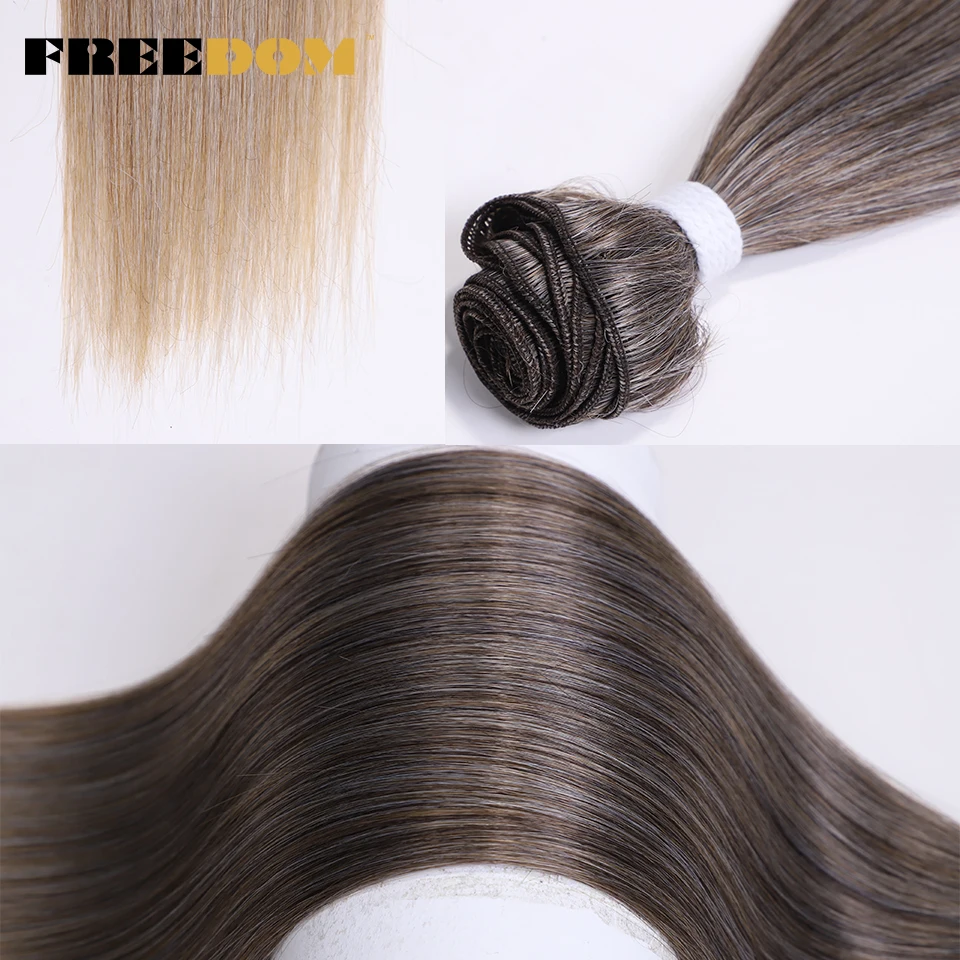 FREEDOM Synthetic Straight Hair Bundles With Clip in Fake Hair Extensions 30 Inch Ombre Brown Grey High Temperature Fiber Hair