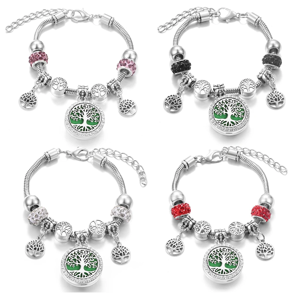 Trendy Lobster Buckle Snake Chain Beaded Bangles Tree of Life Aroma Essential Oil Diffuser Women Bracelet Perfume Locket Jewelry