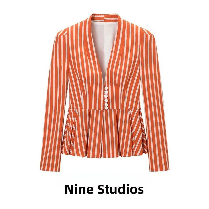 NINE ZAR Women's Slim Fit V-neck Button Detailing  Jacket Long Sleeve Striped Waist-cinching Fashion Outerwear