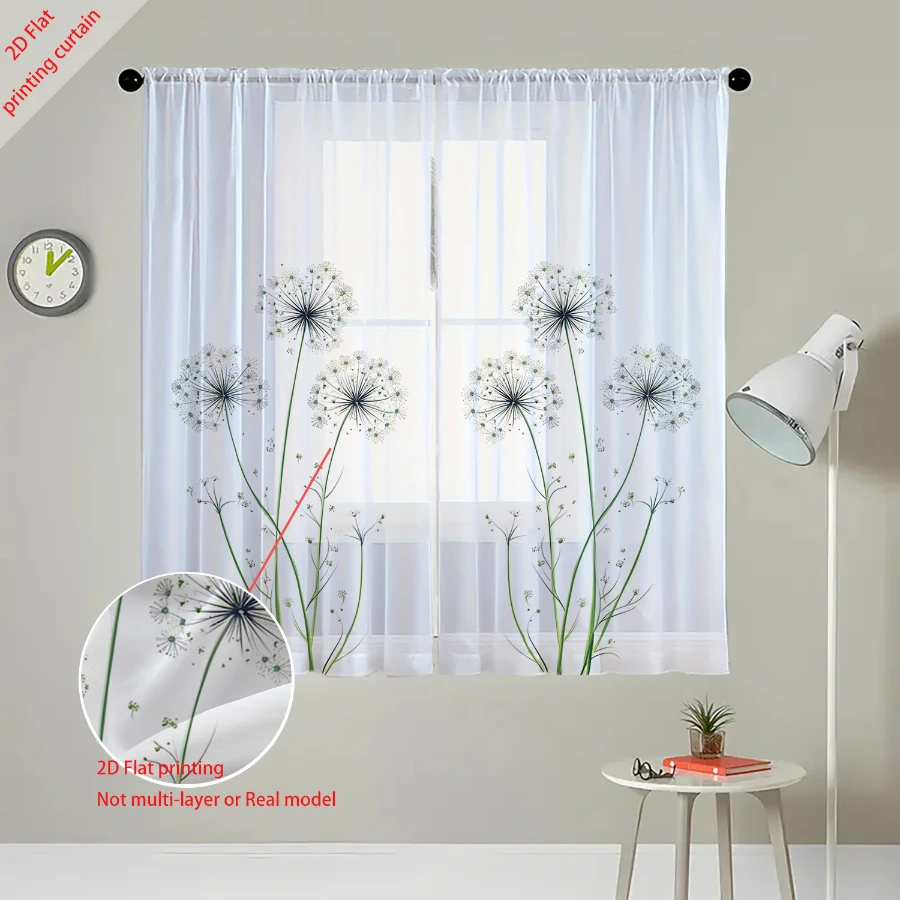 2PCS Digital Print Sheer Curtains, Symmetric Dandelion Pattern, Balanced Nature Botanical for Bedroom Living Room Home Decor