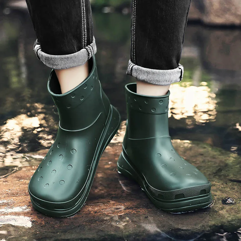 STRONGSHEN Men Rain Boots Fashion Platform Waterproof Anti-skid Work Chef Shoes Men Slip-on Light Fishing Shoes Male Sneakers