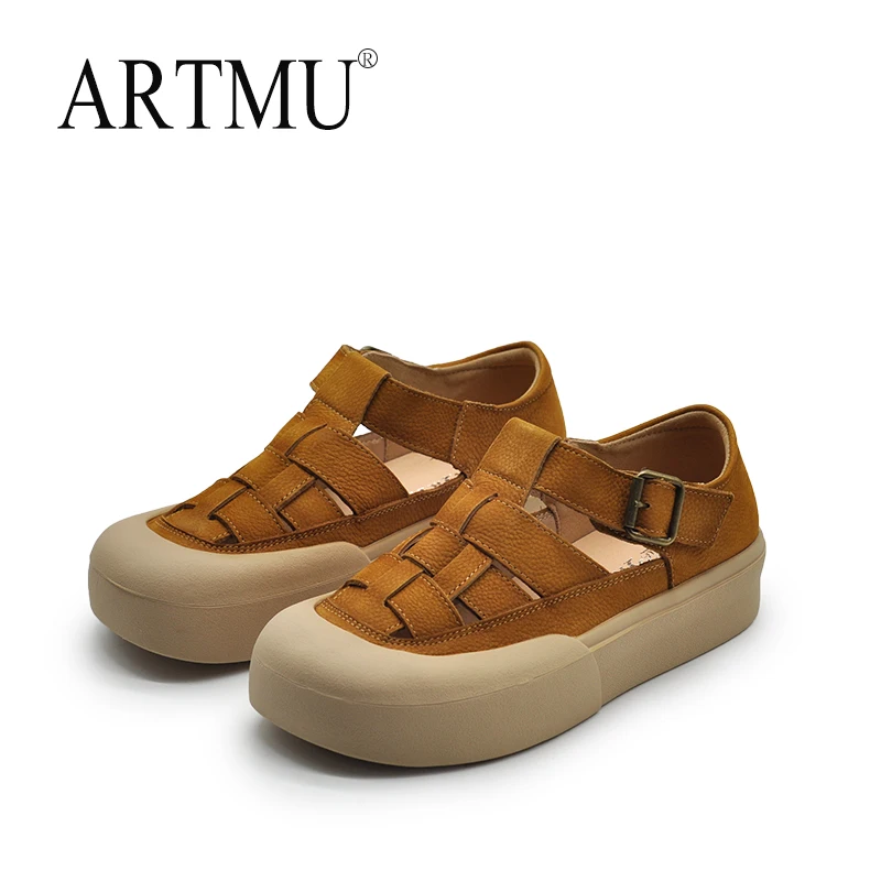 Artmu Original Square Toe Shoes For Women Weave Roma Shoes Buckle Platform Closed Toe Sandals Genuine Leather Luxury Shoes