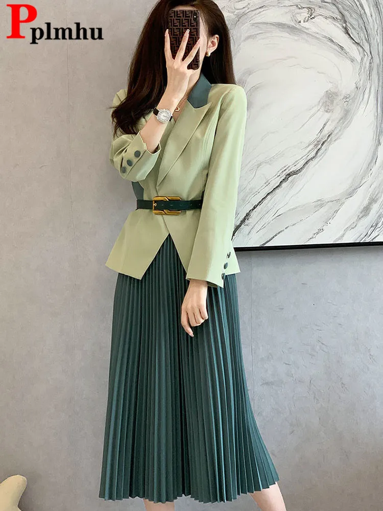 Women Formal 2 Pieces Sets Korean Office Long Sleeve Blazer Coats Tops Conjuntos Spring Fall Ol High Waist Pleated Skirt Outfit