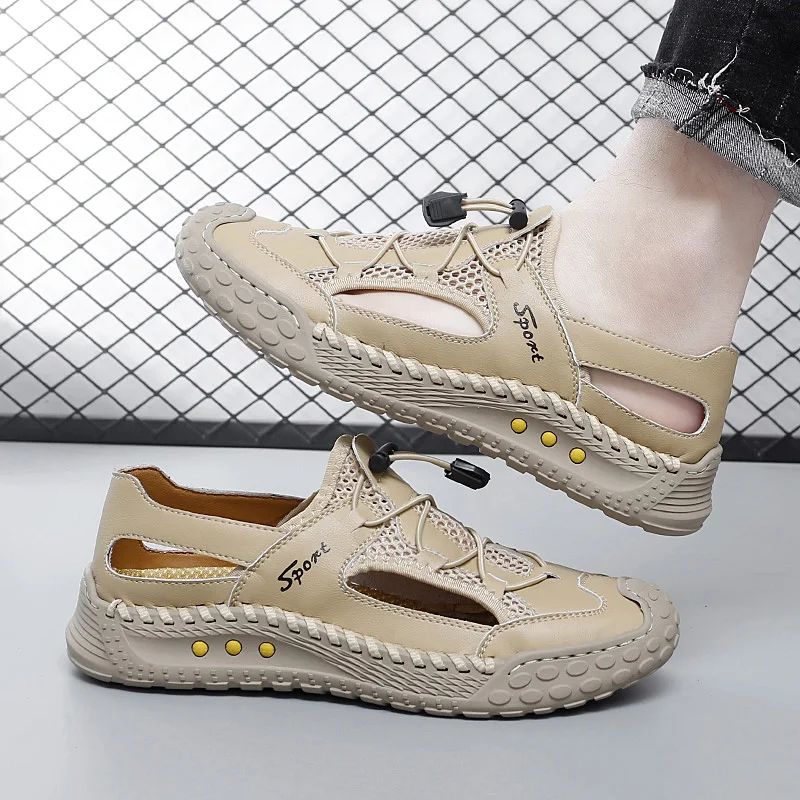 Mens HAND-Sewn Breathable Air Mesh รองเท้า Anti-SLIP Lovers 'รองเท้าหนังแท้รองเท้าแตะผู้หญิงขนาด 38-46