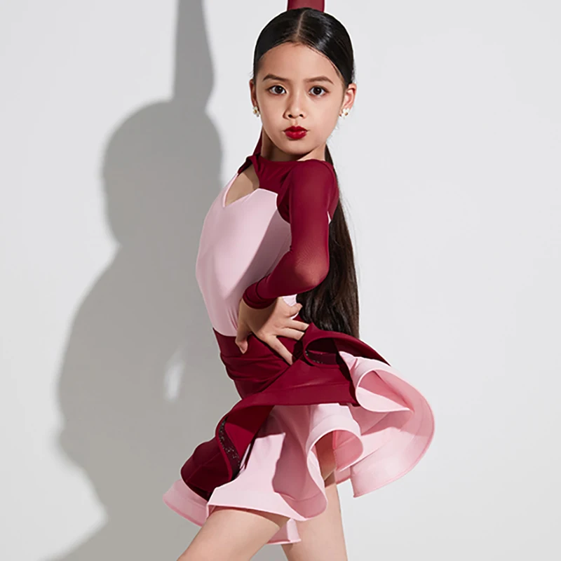 

Red Long Sleeve Mesh Latin Dance Big Skirt Hem Dress Girls Kids Bodysuit with Skirt Practice Performance Set Dancewear Costumes