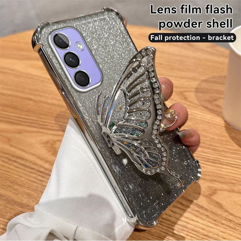 Liquid Sand Butterfly Phone Holder Shockproof Case for Samsung S25 S24 FE S23 ULTRA S22 S21 PLUS A55 15 35 A54 14 A34 13 53 A52