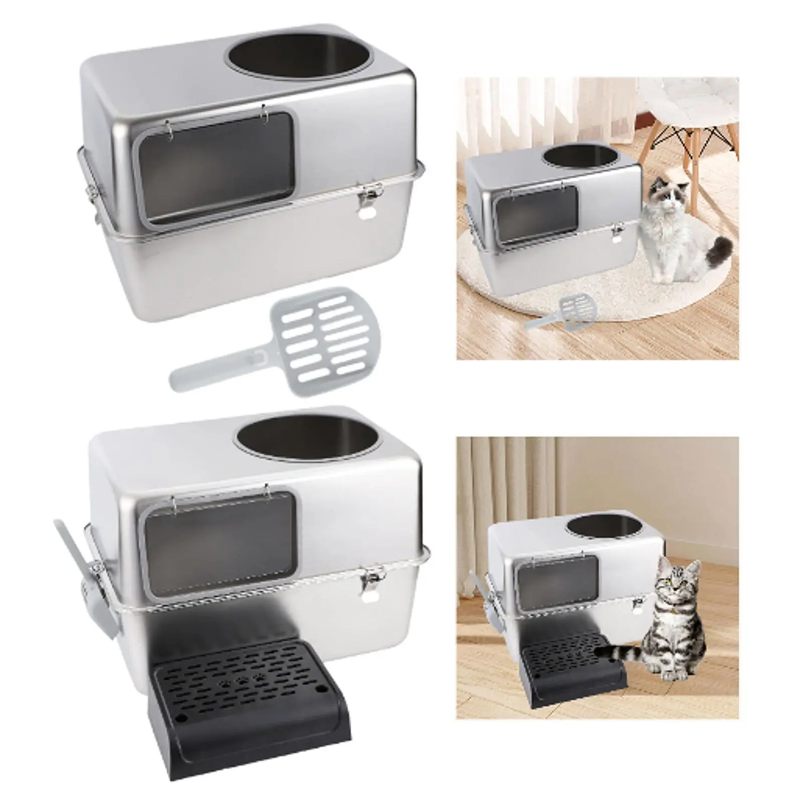 

Hooded Cat Litter Box with Lid Kitty Litter Tray Reusable Portable with Door