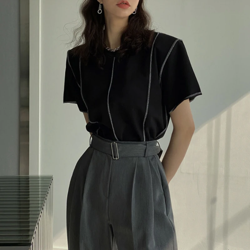 ort Sve T-irt Women's Chic Spring Summer Design Personali Spicy Girl Slimming Stitching round Ne T-irt Fem