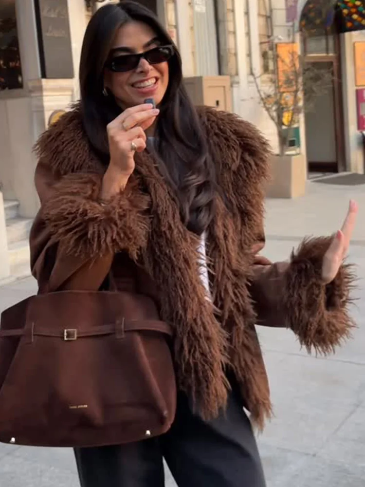 HH Women Warm Jacket Solid Long Sleeve Lapel Pocket Decorate Loose Coat Winter Woman Elegant faux Fur Effect Fashion Outwear