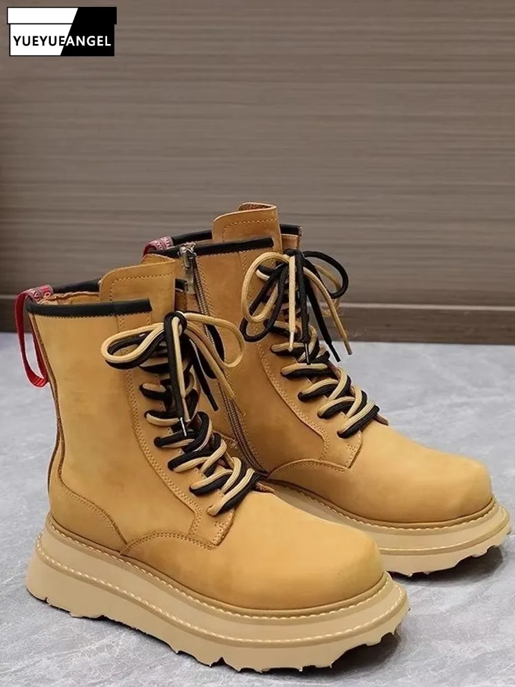 Hot Sale Real Cowhide Women Ankle Boots Thick Soled Round Toe High Top Shoes Retro Straps Platform Genuine Cow Leather Footwear