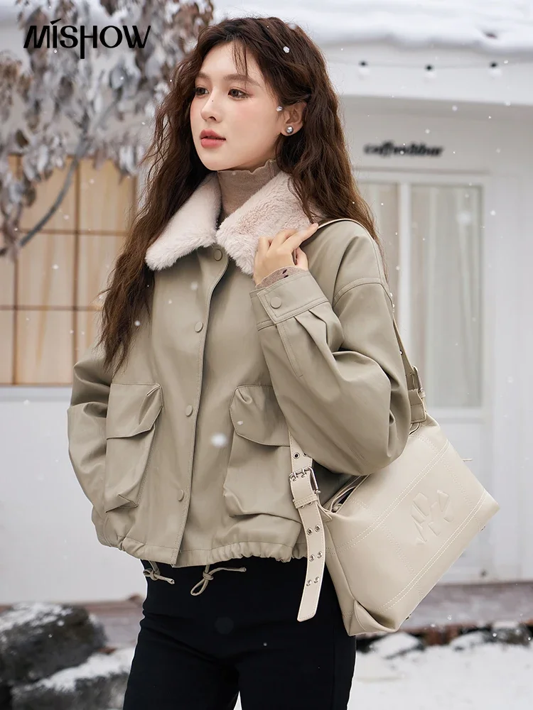 MISHOW Leather Jacket Women Winter Fashion Retro Fleece Thick Warm Cropped Jackets Woman Streetwear Hong Kong Style MXC53W0233