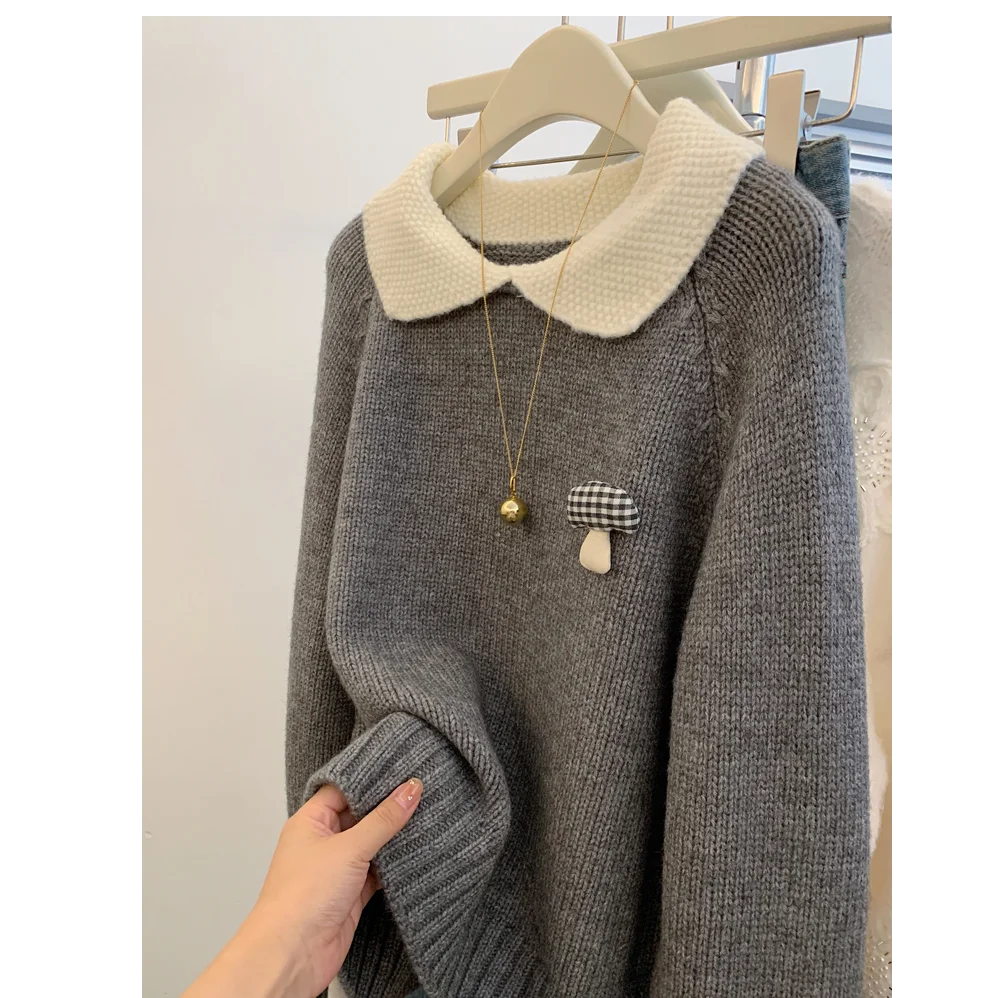 Doll Neck Contrast Color Loose Pullover Sweater for Women with Lazy Style High-end Feel Thickened Base and Inner Wear
