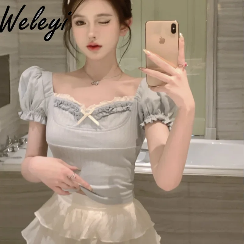 

Sexy Short Puff Sleeve T-shirt Female 2024 Summer New Elegant Woman Lace Edge Skinny Cropped Bow Top Blue Inner Bottoming Shirt