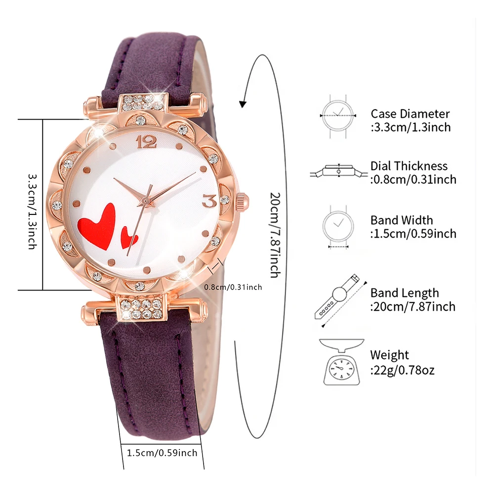 5PCS/Set Women Fashion Diamond Quartz Watch Purple Heart Pattern PU Wristwatch And Alloy Chain Jewelry Set