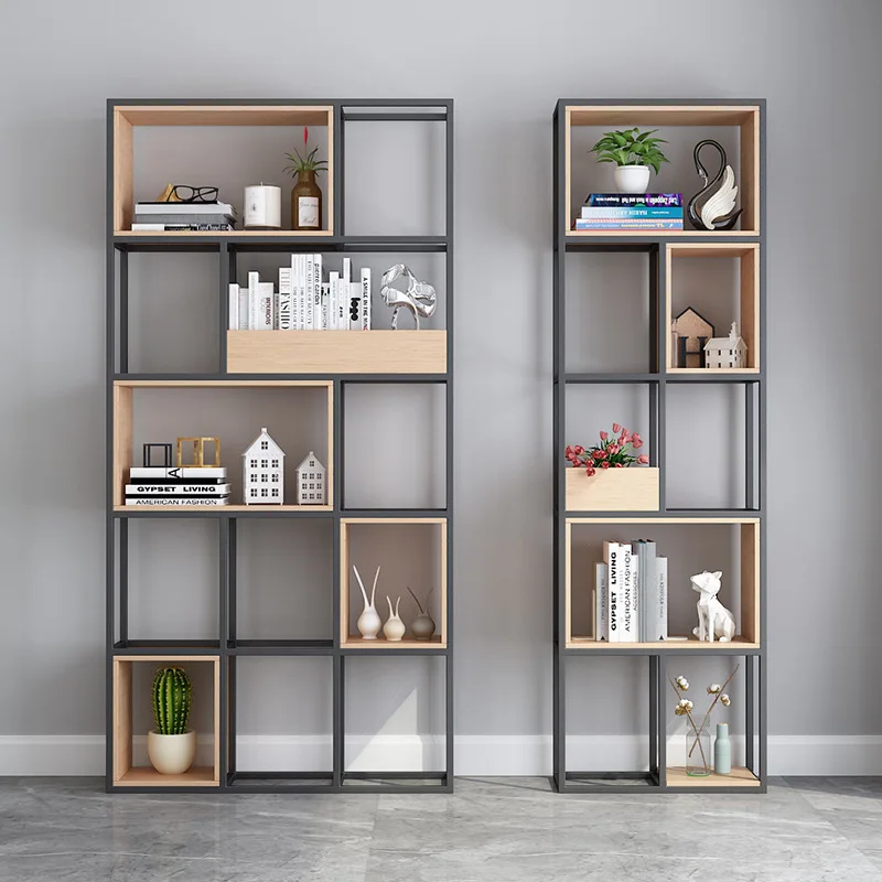 Nordic Iron Art Solid Wood Grid Shelf Floor to Floor Office Wall Storage Bookshelf, Multi story Partition Screen Shelf